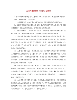 公司人事经理个人工作计划范文 