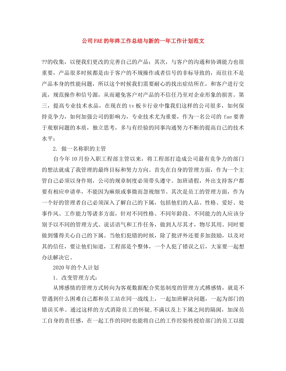 公司FAE的年终工作总结与新的一年工作计划范文 _第1页