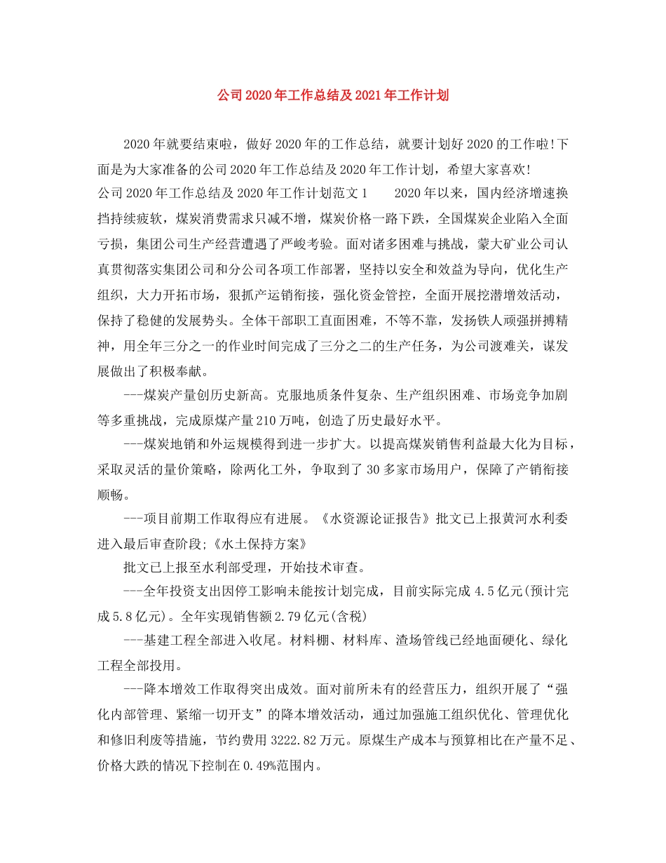 公司2020年工作总结及2021年工作计划 _第1页