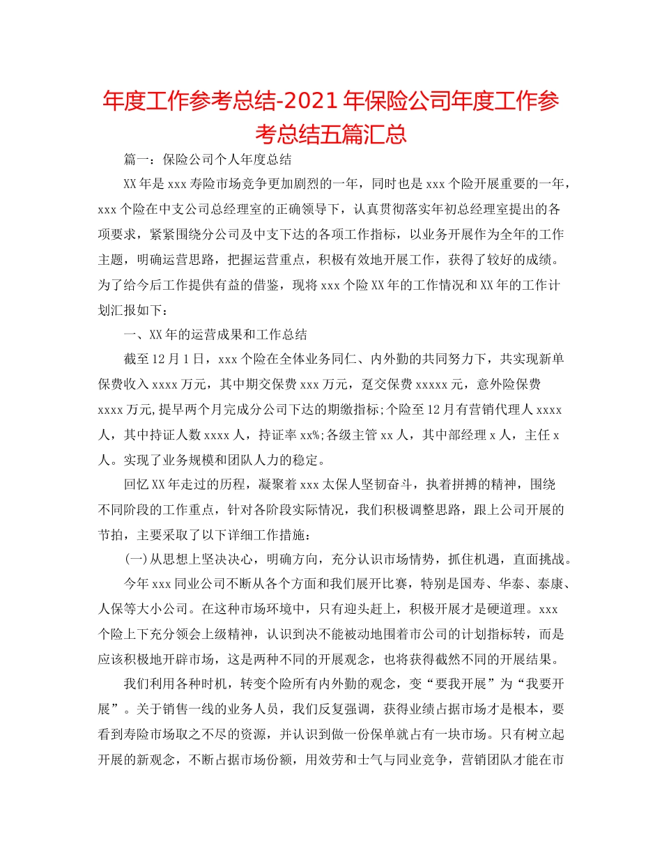 2021年度工作参考总结年保险公司年度工作参考总结五篇汇总_第1页