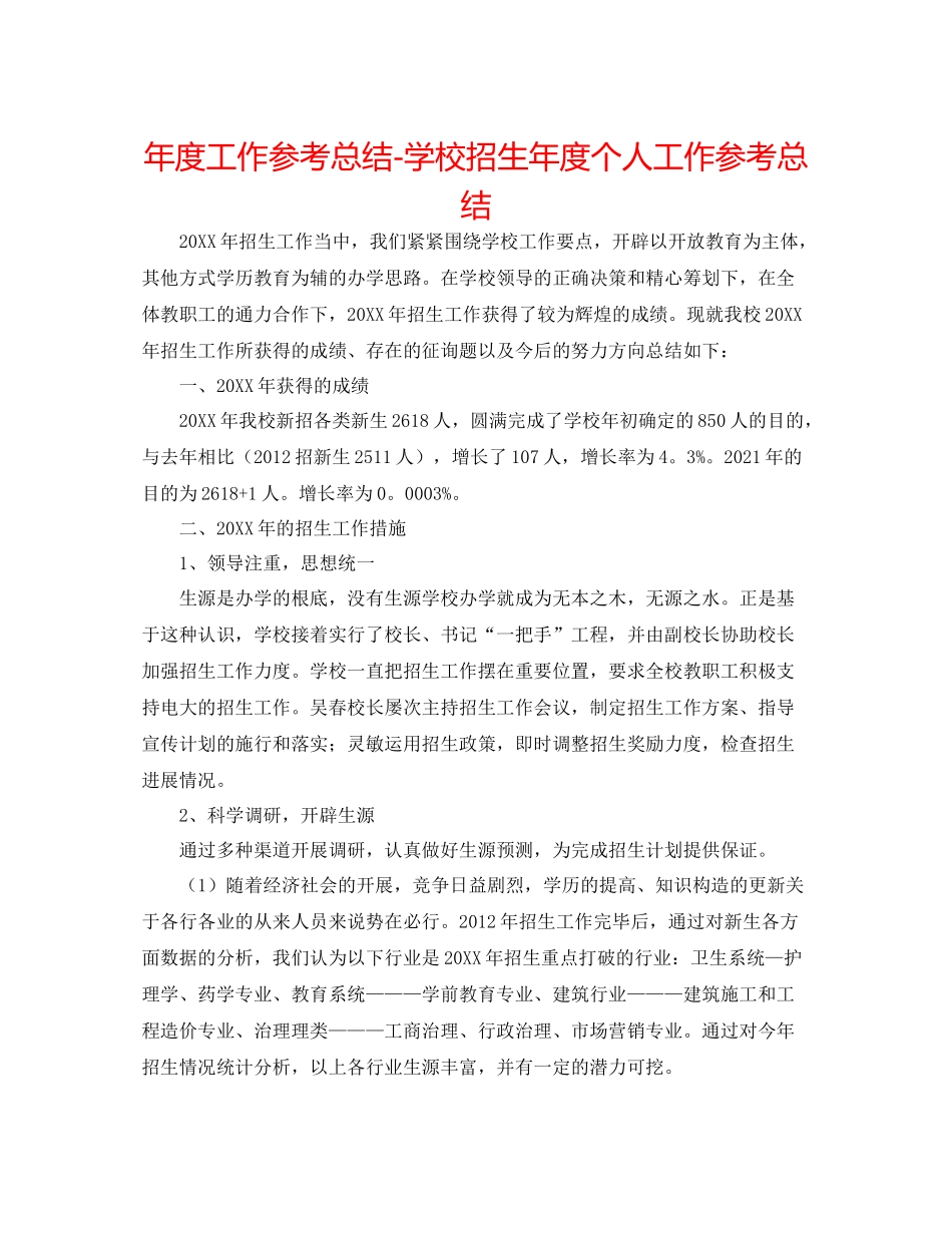 2021年度工作参考总结学校招生年度个人工作参考总结_第1页