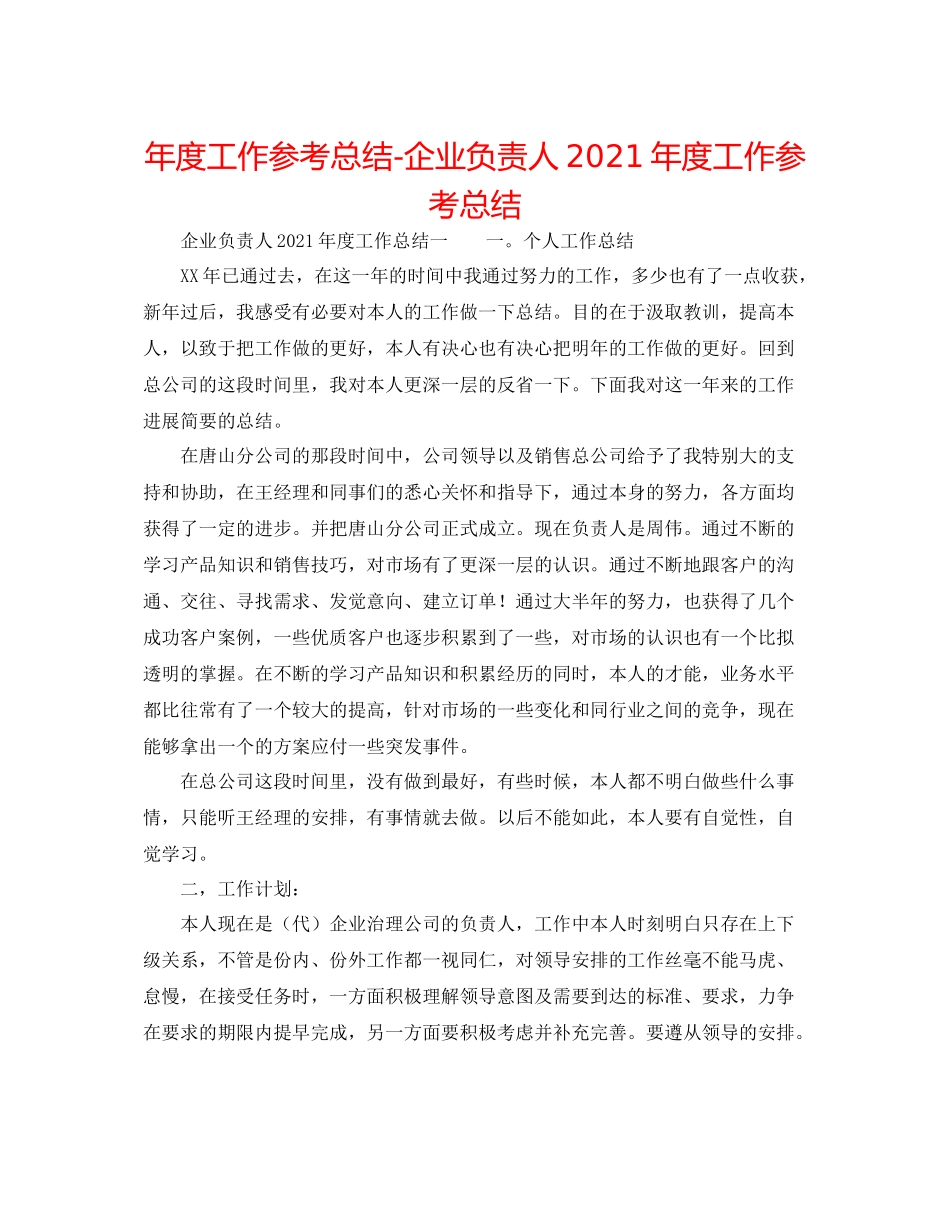 2021年度工作参考总结企业负责人年度工作参考总结_第1页