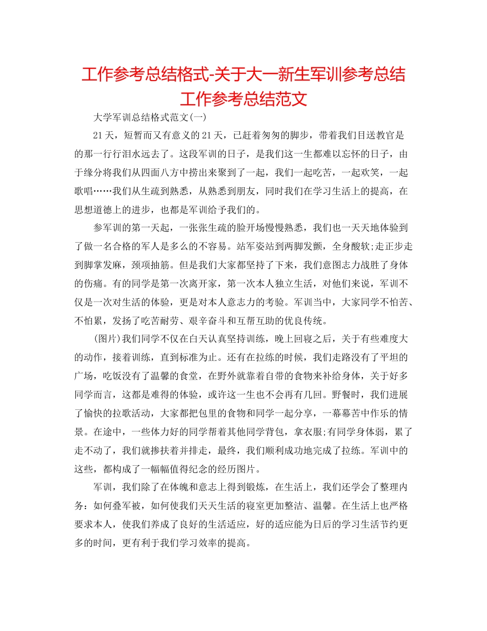 工作参考总结格式关于大一新生军训参考总结工作参考总结范文_第1页