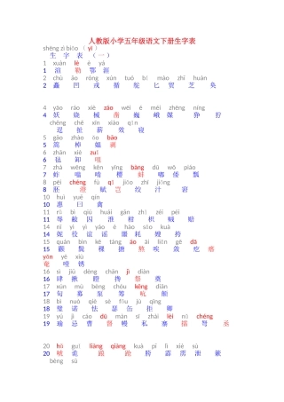 人教版小学五年级语文下册生字表附拼音