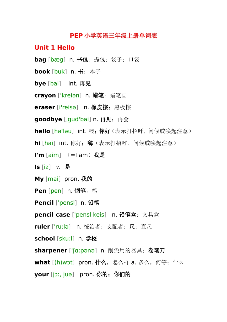 PEP小学英语三年级上册单词表。带音标。(修改)_第1页