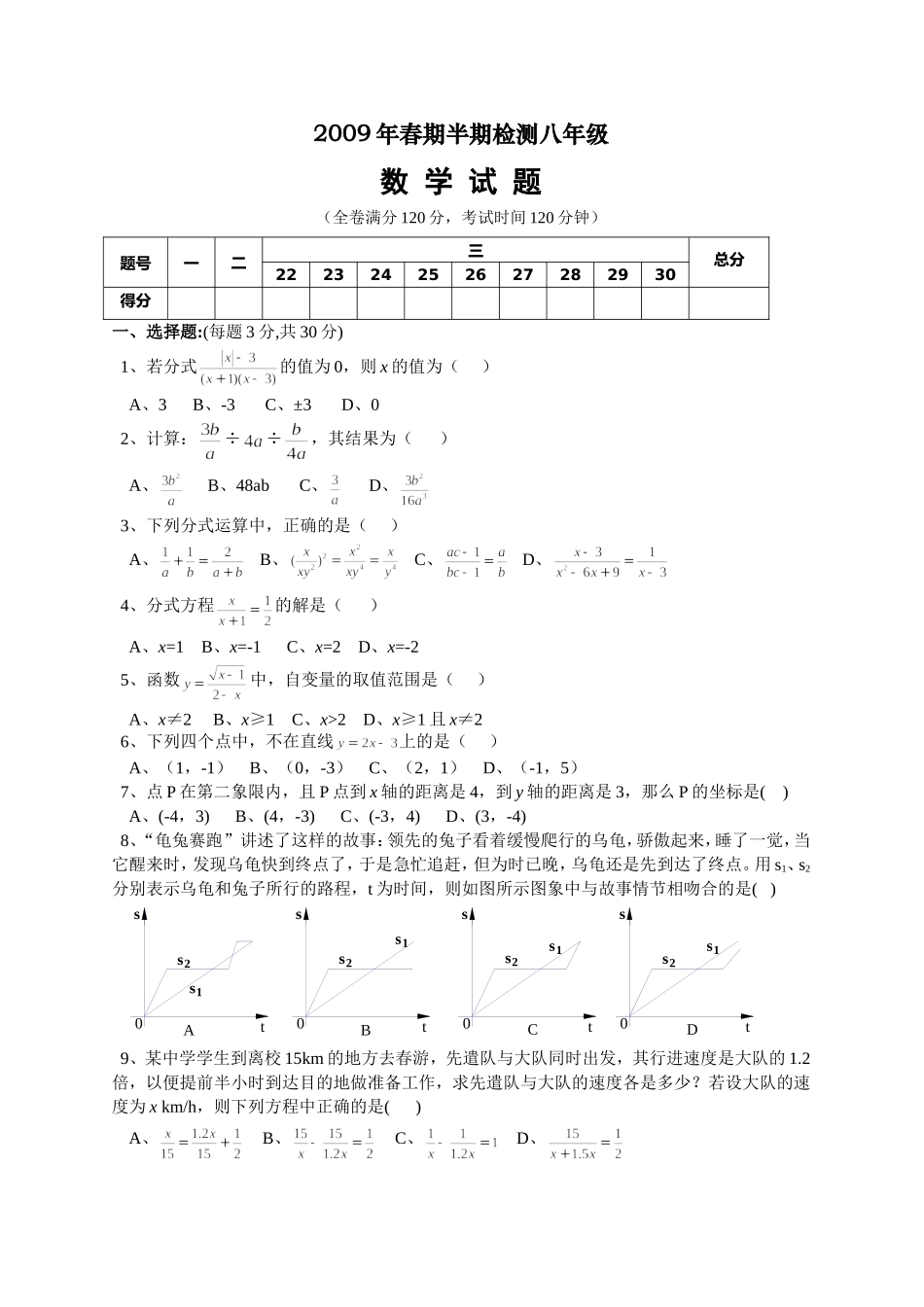 白花片2009年春期八年级数学半期测试卷_第1页