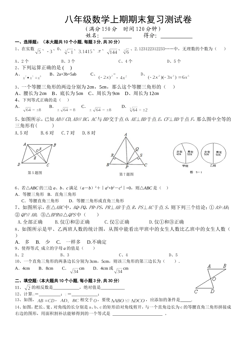 八年级数学上期期末复习测试卷_第1页