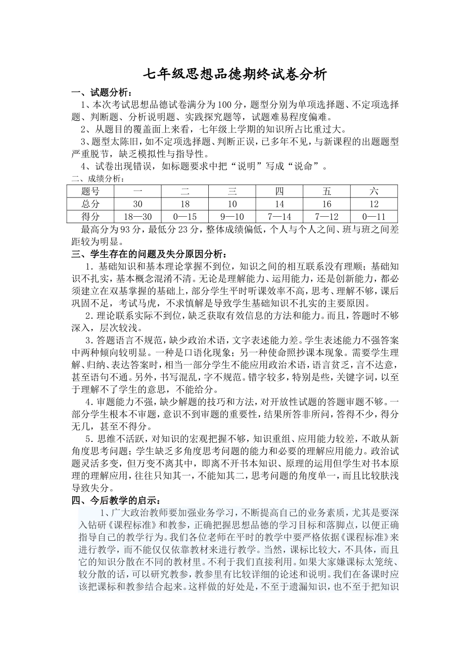 七年级思想品德期终试卷分析_第1页