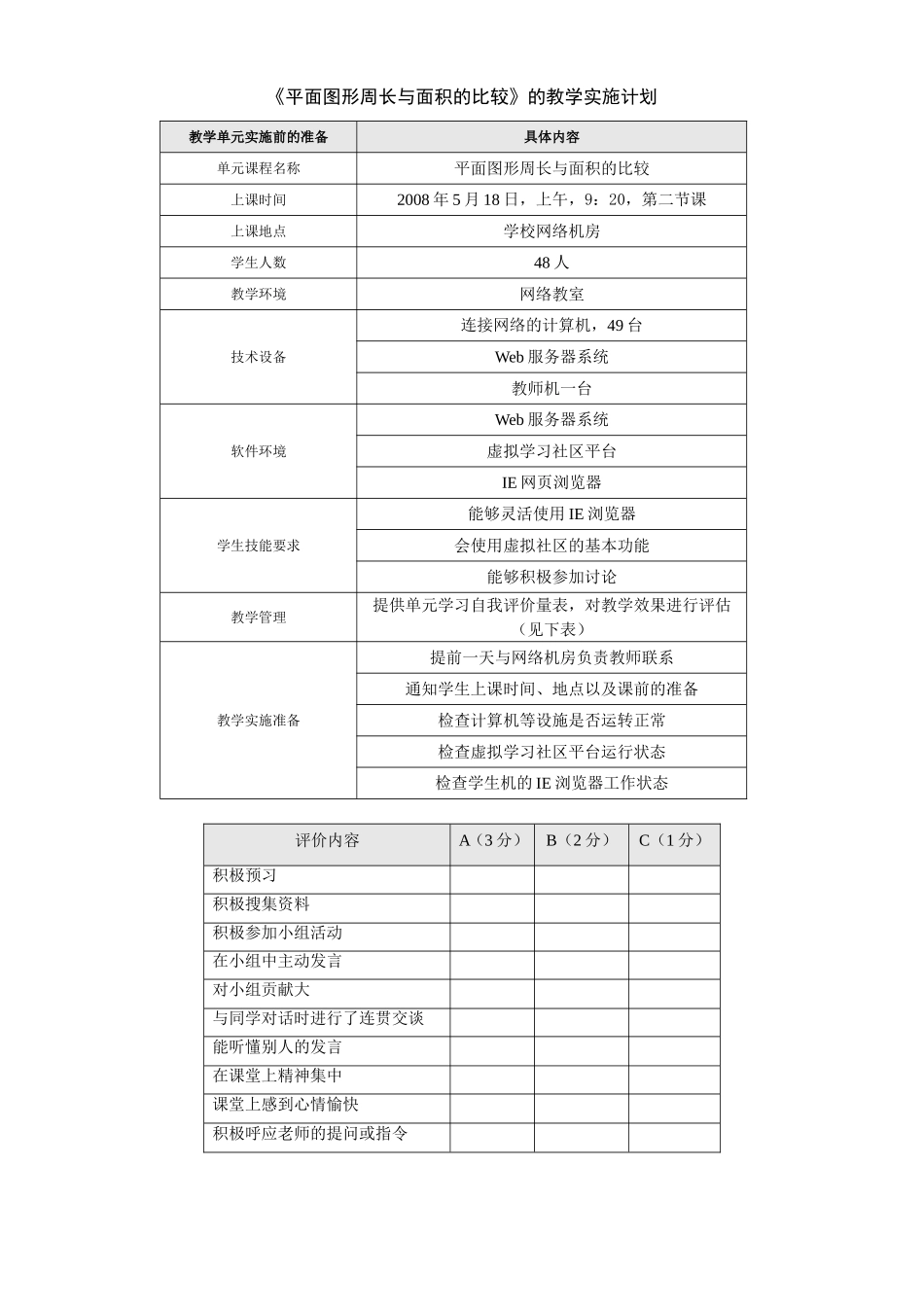 《平面图形周长与面积的比较》的教学实施计划_第1页