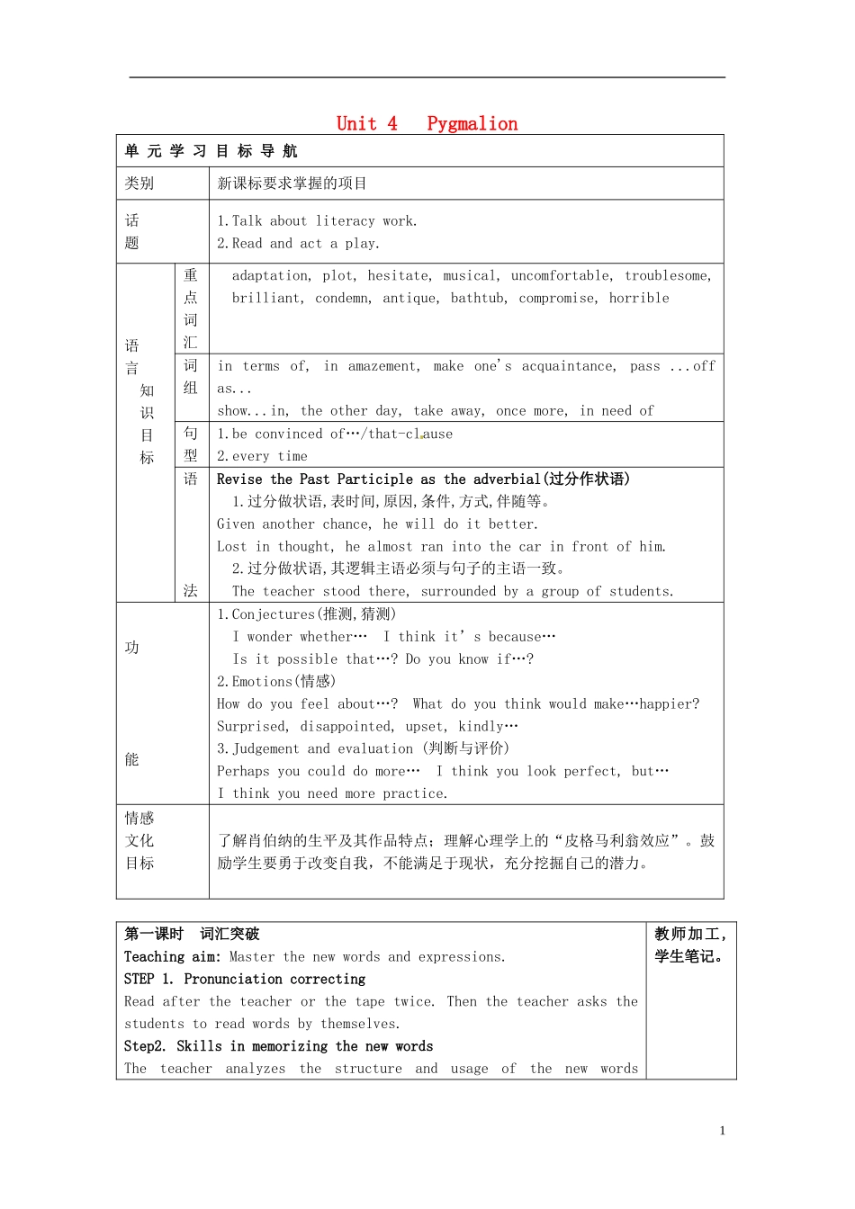 2014-2015学年高中英语Unit4Pygmalion教学设计1新人教版选修8_第1页