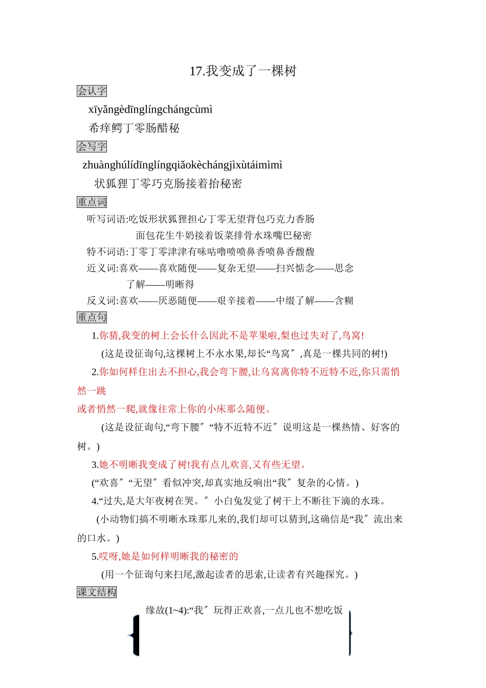部编版三年级语文下册知识点总结课堂笔记17我变成了一棵树_第1页