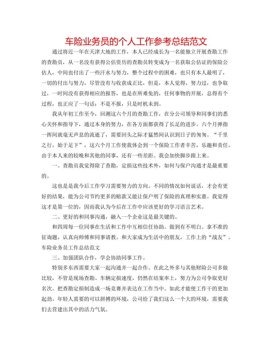 车险业务员的个人工作参考总结范文_第1页