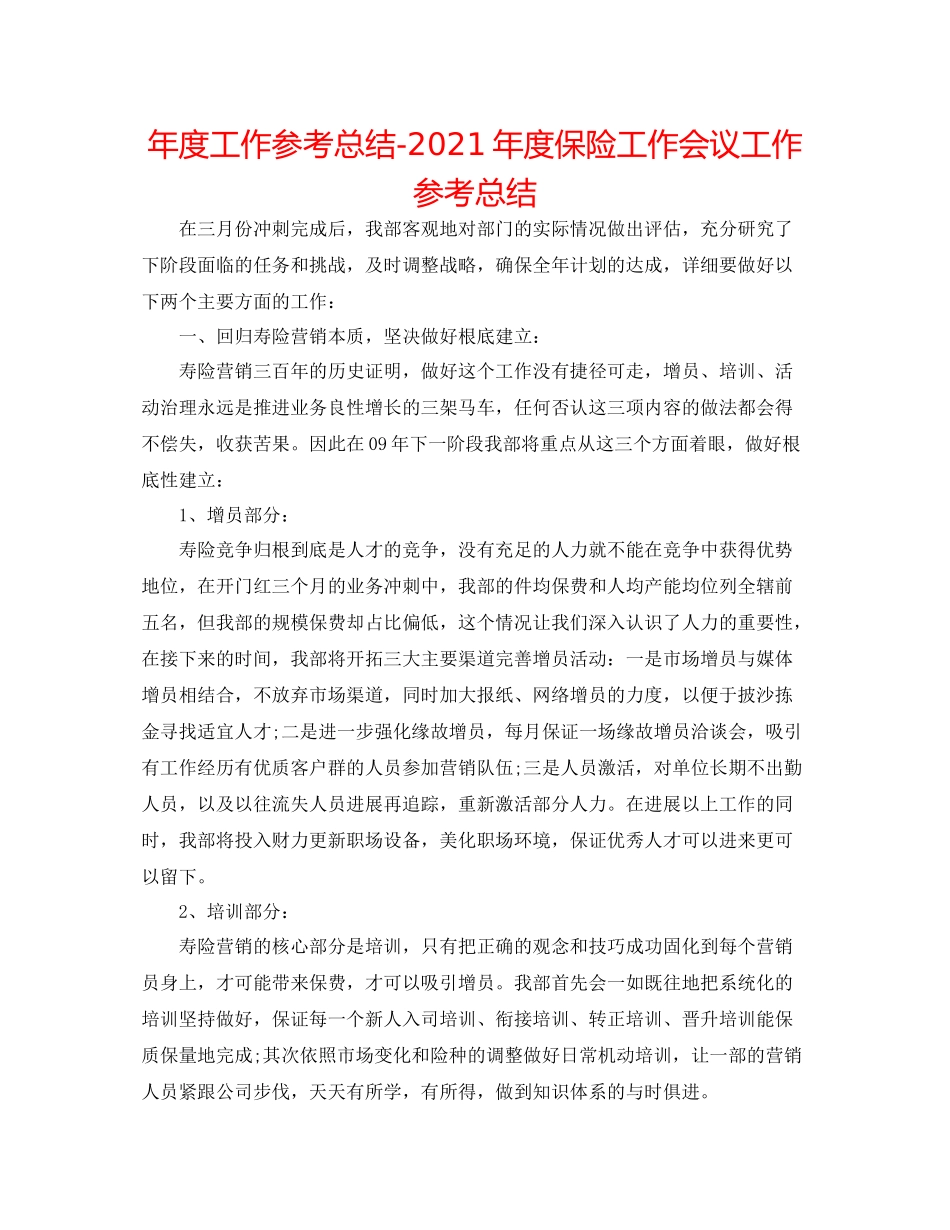 2021年度工作参考总结年度保险工作会议工作参考总结_第1页