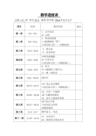 六年级语文上册教学进度表