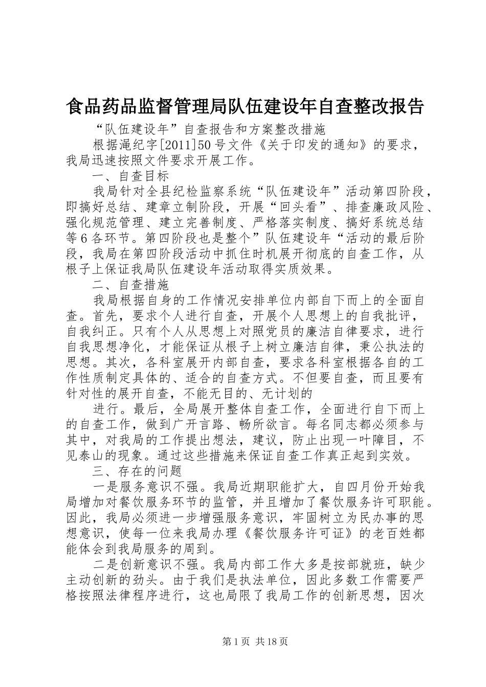 食品药品监督管理局队伍建设年自查整改报告_第1页