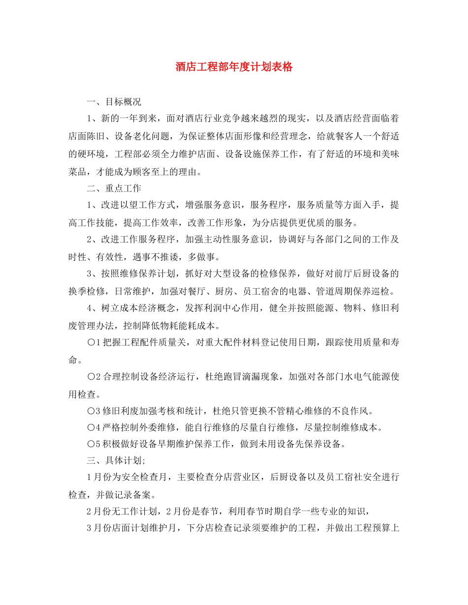 酒店工程部年度计划表格 _第1页