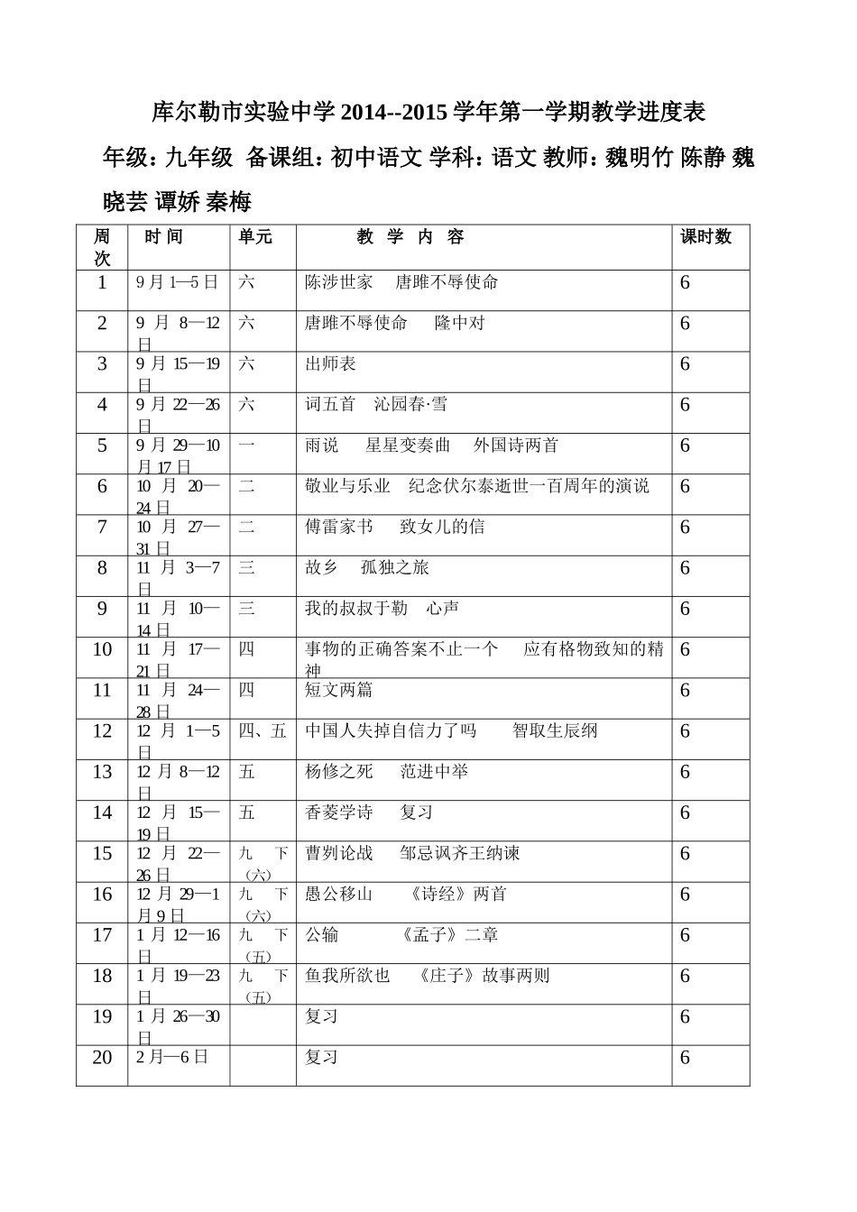 九年级语文教学进度表_第1页