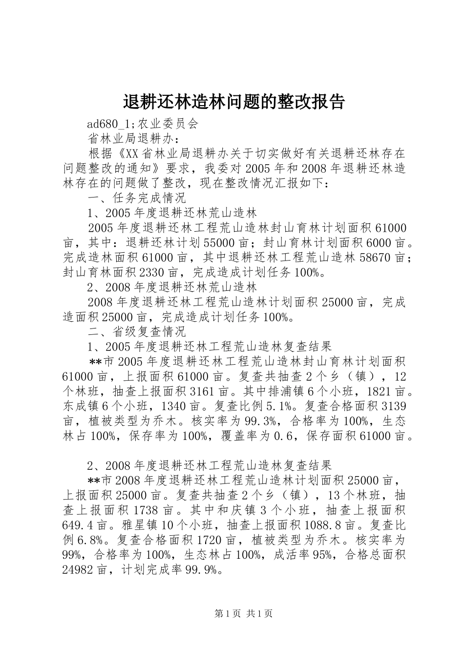 退耕还林造林问题的整改报告_第1页