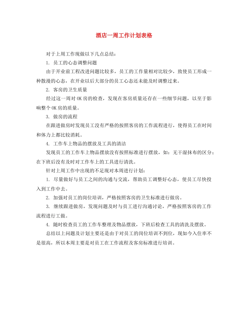 酒店一周工作计划表格 _第1页