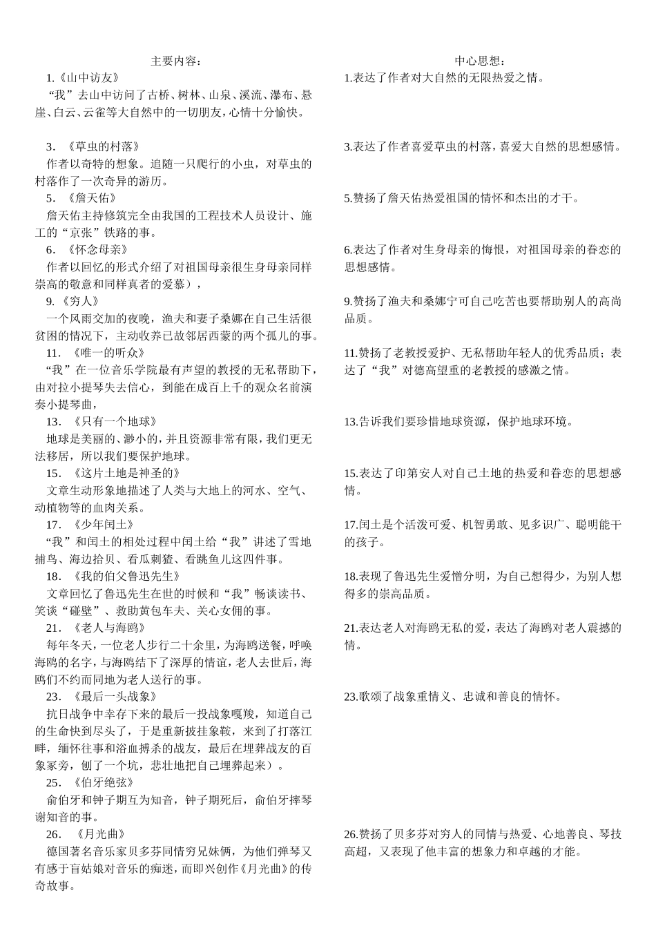 六年级语文上册主要内容及中心思想_第1页