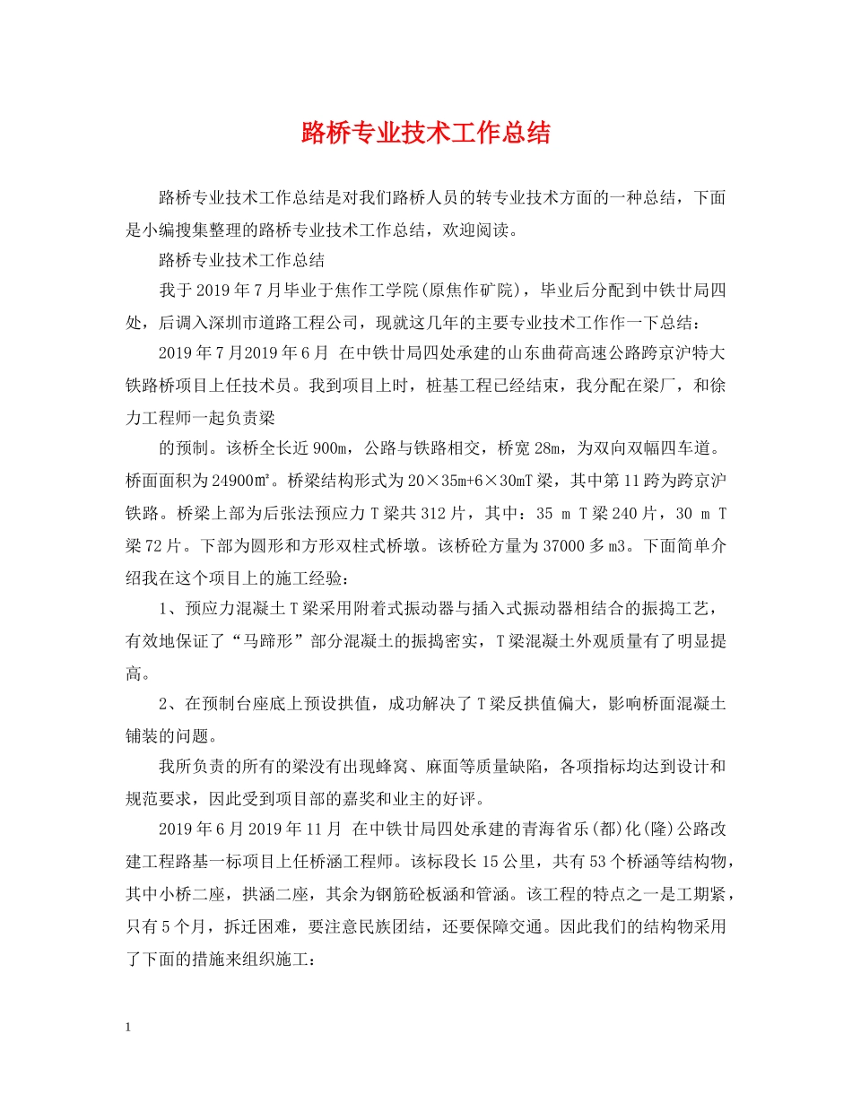 路桥专业技术工作总结 _第1页