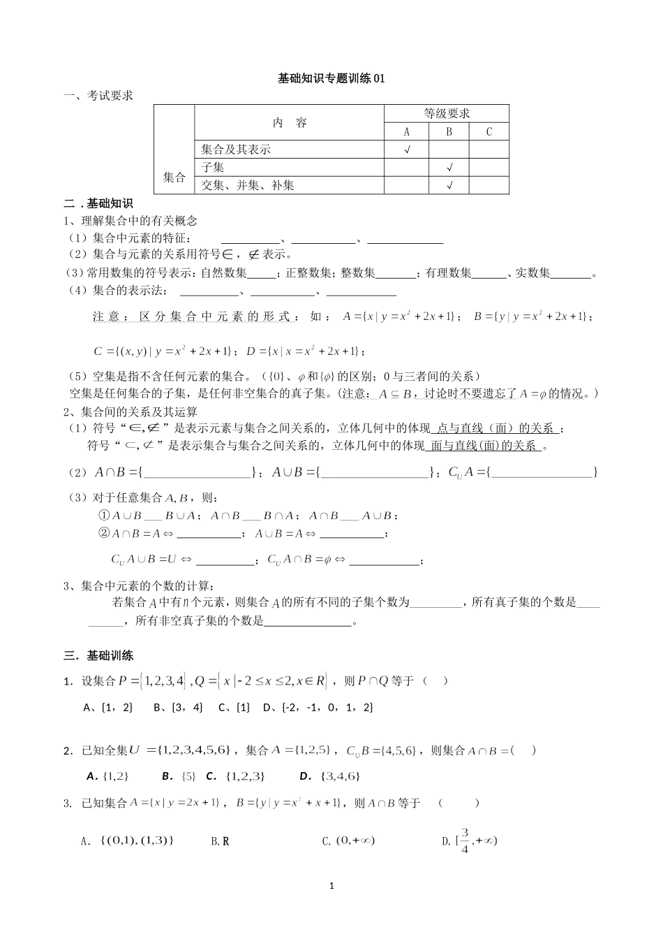 艺术班高考数学基础知识专题训练(24套)(珍藏版)_第1页