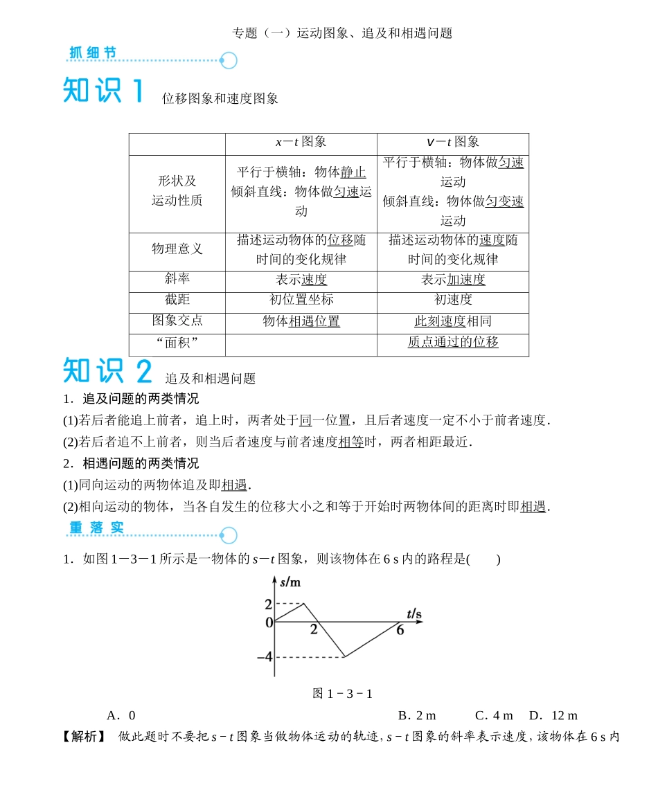 【课堂新坐标】2015届高考物理一轮复习讲义（人教版）：专题（一）运动图象、追及和相遇问题_第1页