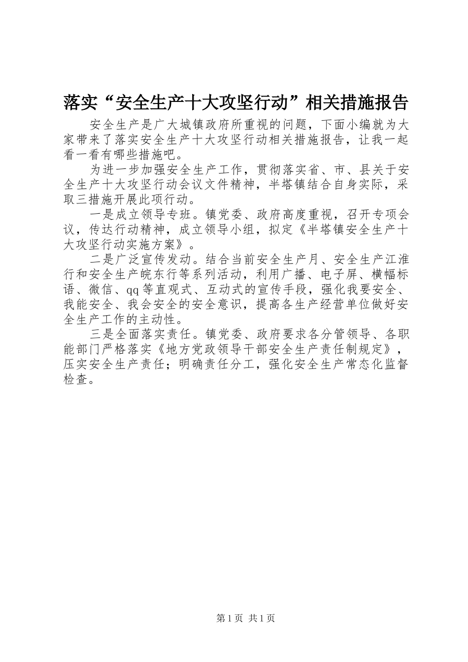 落实“安全生产十大攻坚行动”相关措施报告_第1页