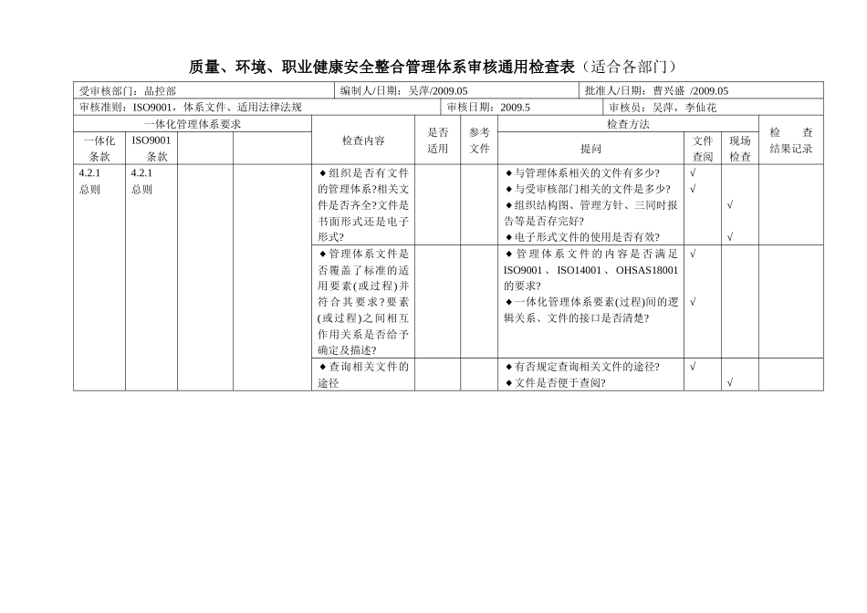 质量、环境、职业健康安全整合管理体系审核通用检查表_第1页