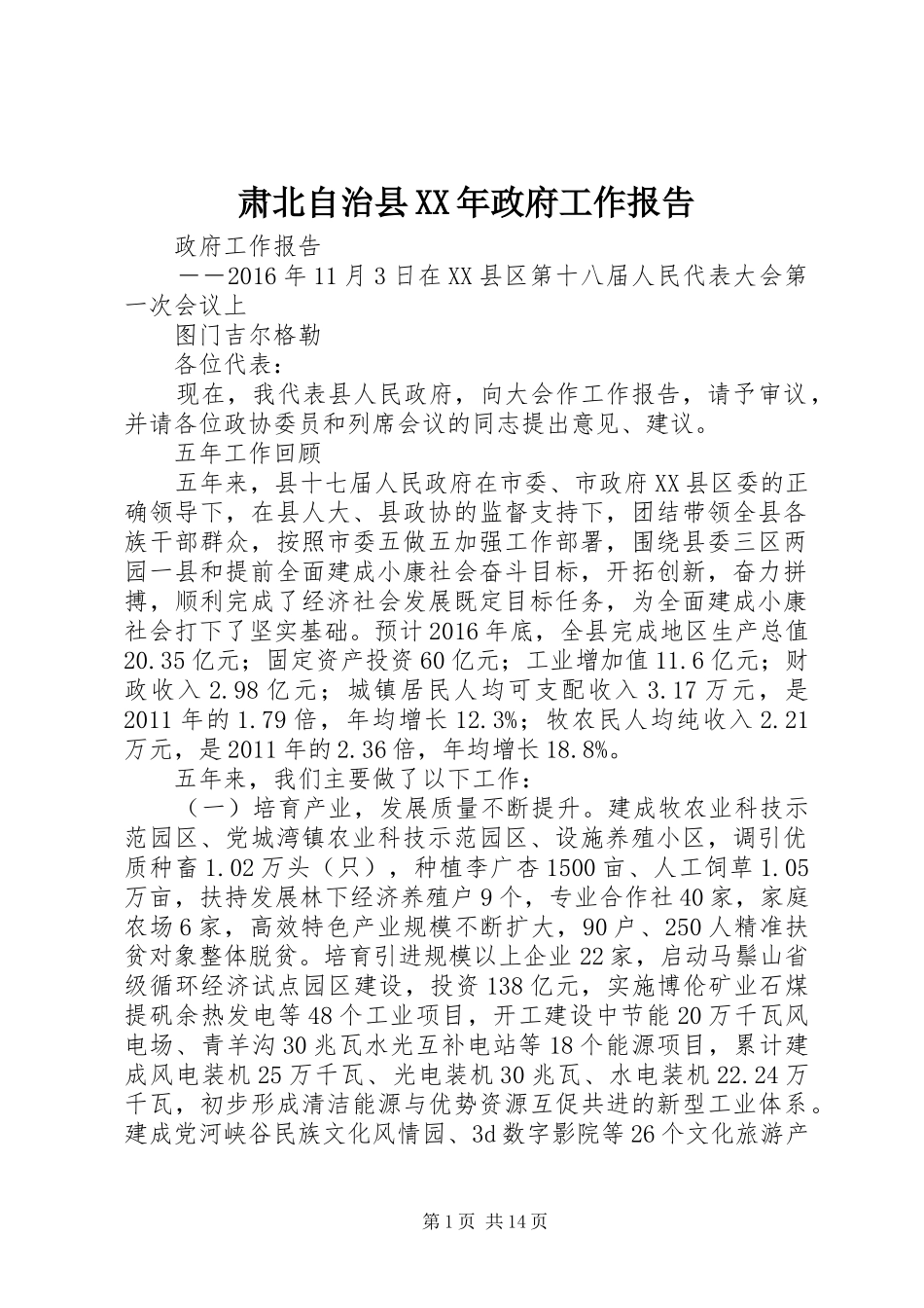 肃北自治县XX年政府工作报告_第1页
