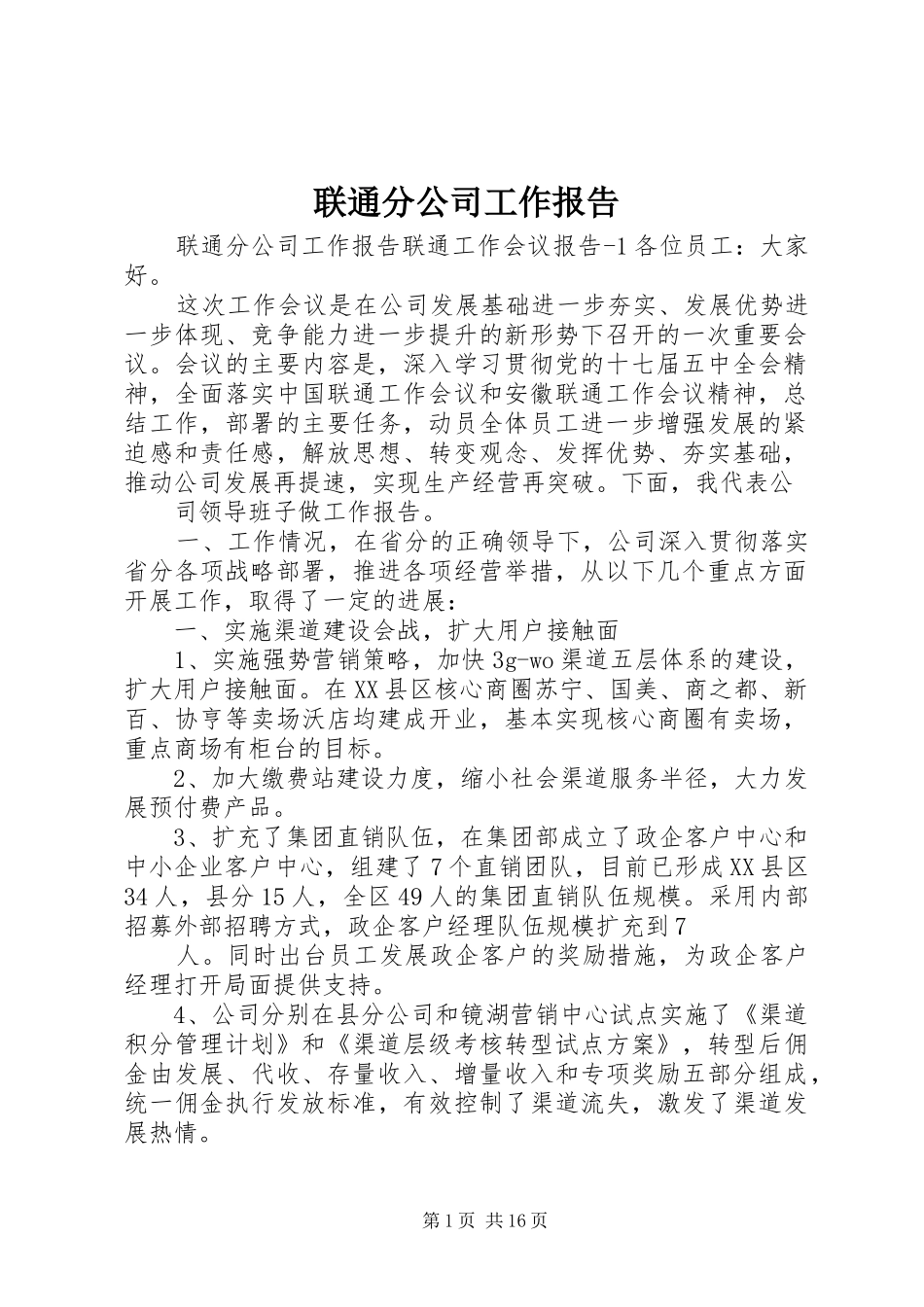 联通分公司工作报告_第1页