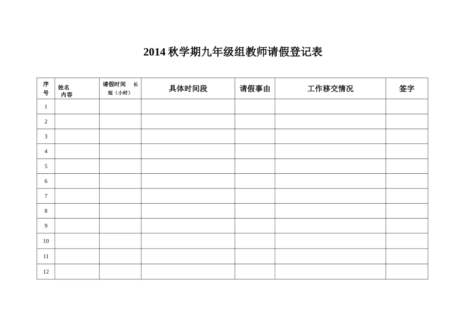 2014秋学期九年级组教师请假登记表_第1页