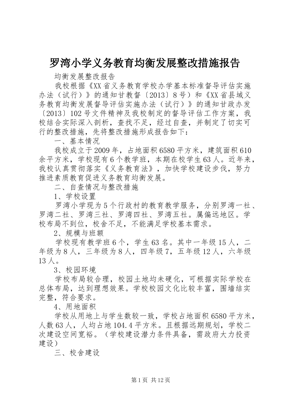 罗湾小学义务教育均衡发展整改措施报告_第1页