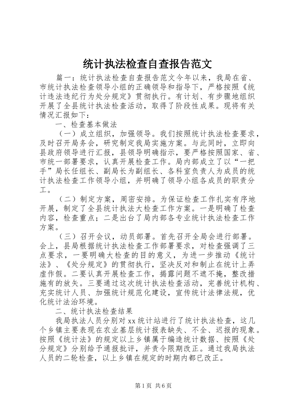 统计执法检查自查报告范文_第1页
