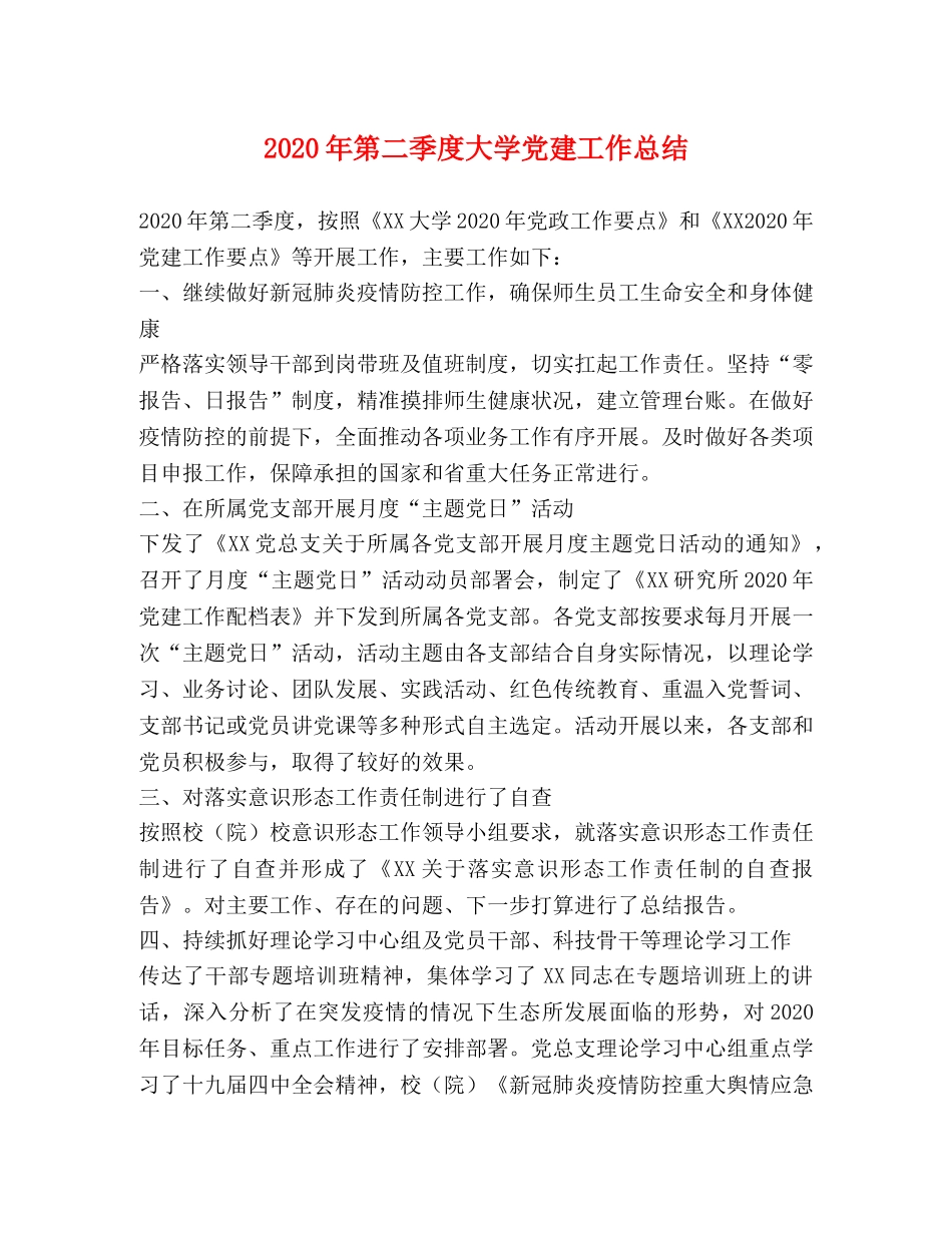 节日讲话-2020年第二季度大学党建工作总结 _第1页
