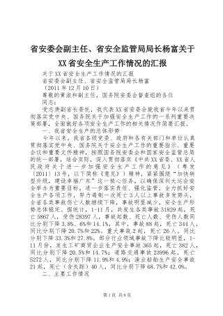 省安委会副主任、省安全监管局局长杨富关于XX省安全生产工作情况的汇报