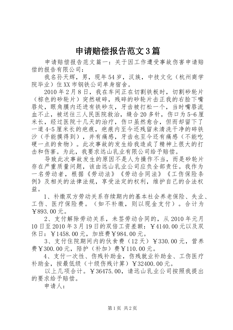 申请赔偿报告范文3篇_第1页