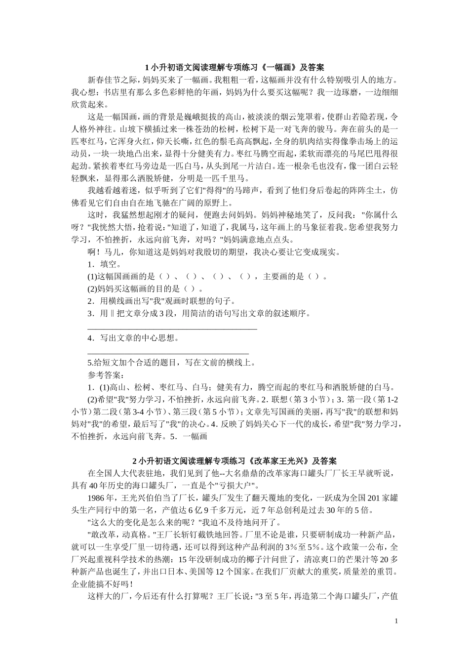 小升初语文阅读理解专项练习_第1页