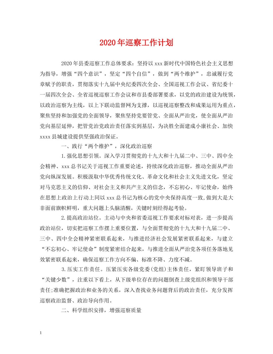 经典范文-2020年巡察工作计划 _第1页