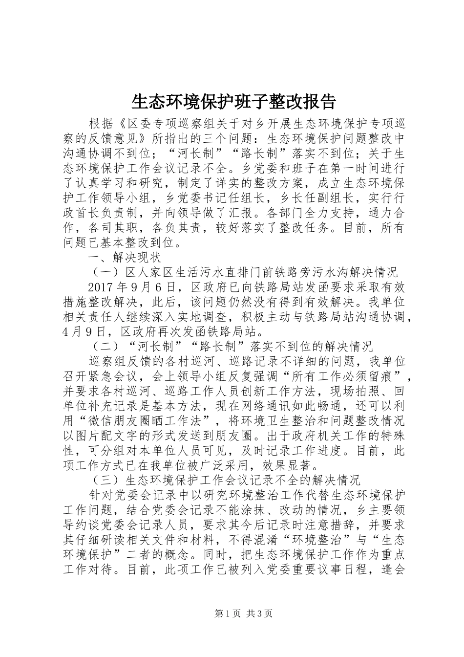 生态环境保护班子整改报告_第1页