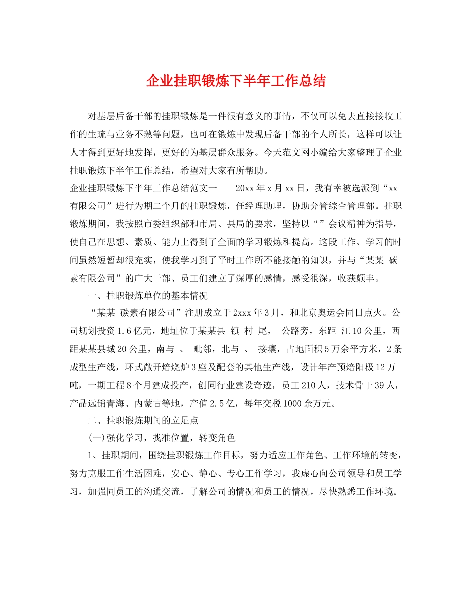 企业挂职锻炼下半年工作总结 _第1页