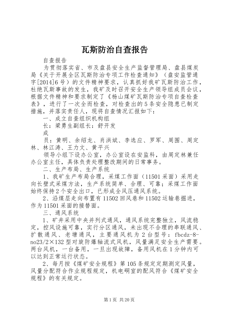 瓦斯防治自查报告_第1页