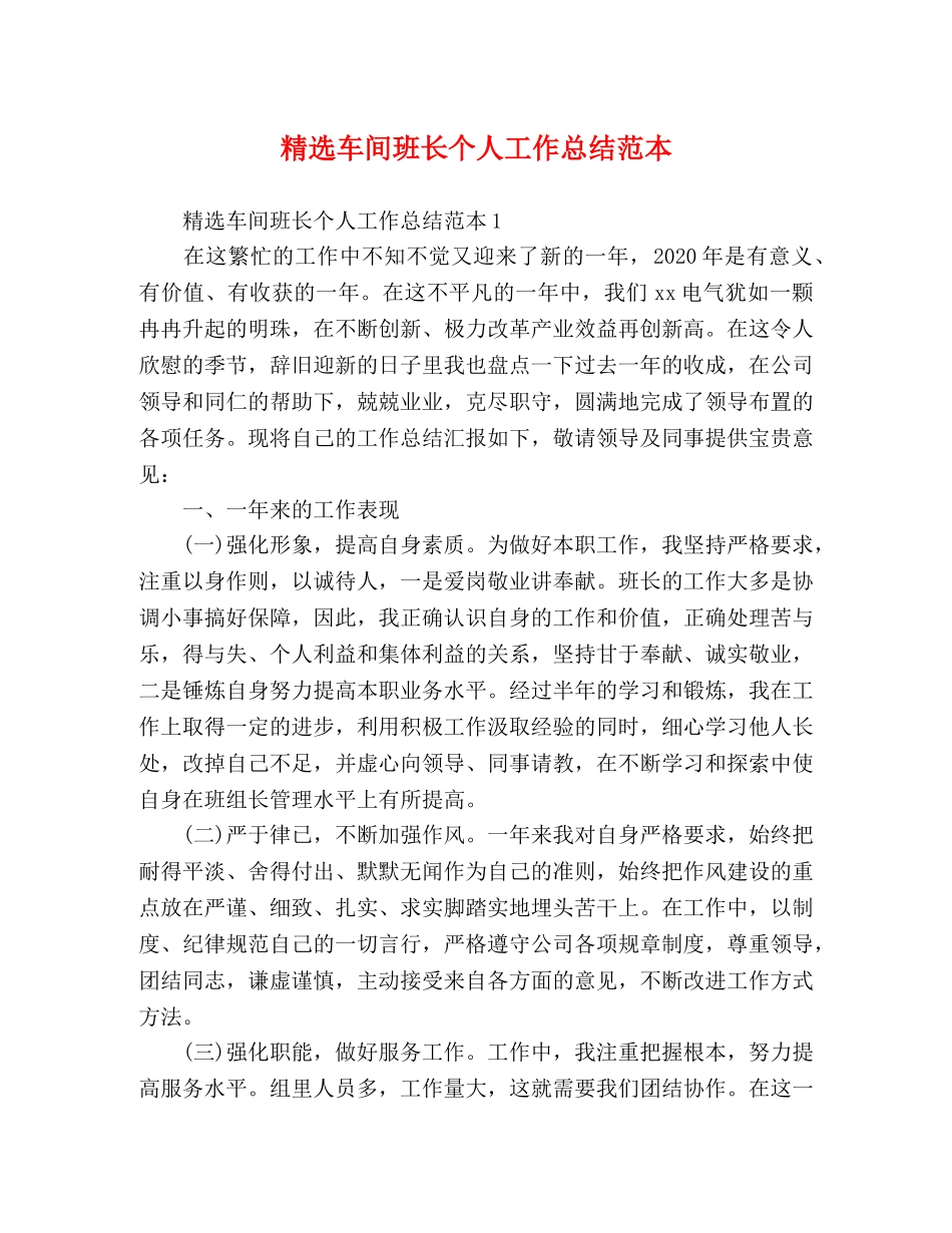 精选车间班长个人工作总结范本 _第1页