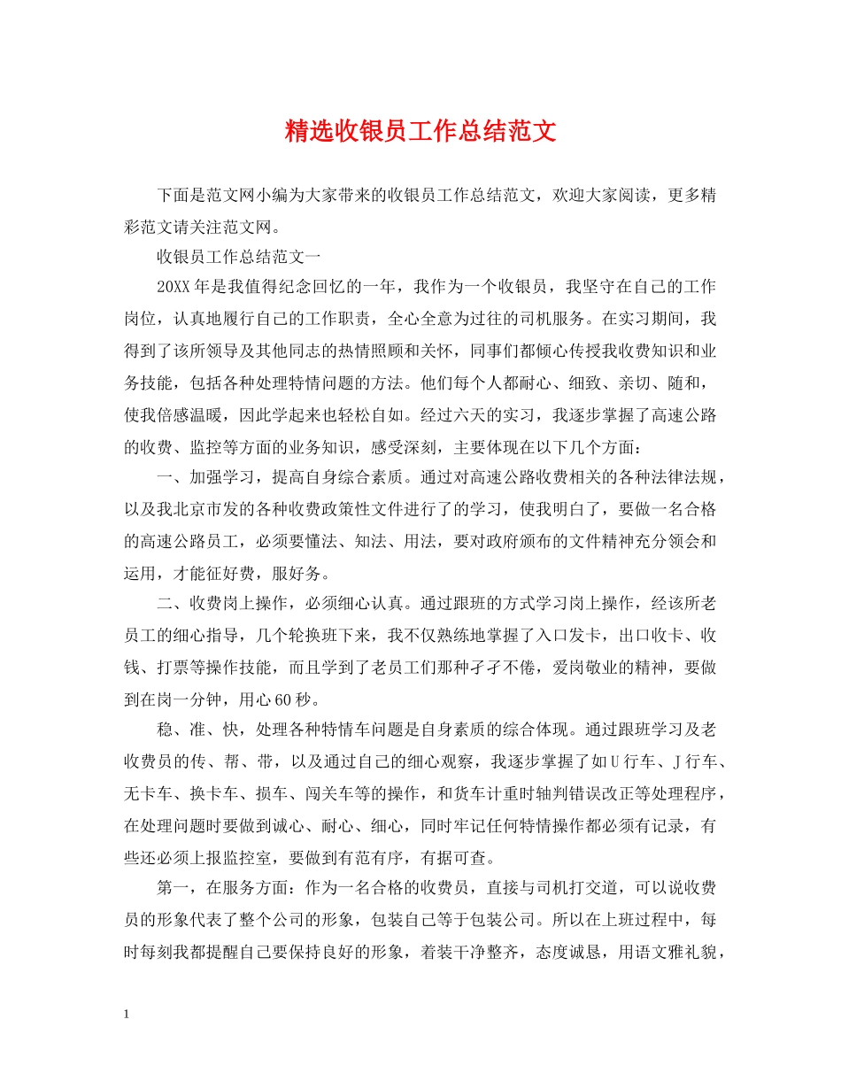 精选收银员工作总结范文 _第1页