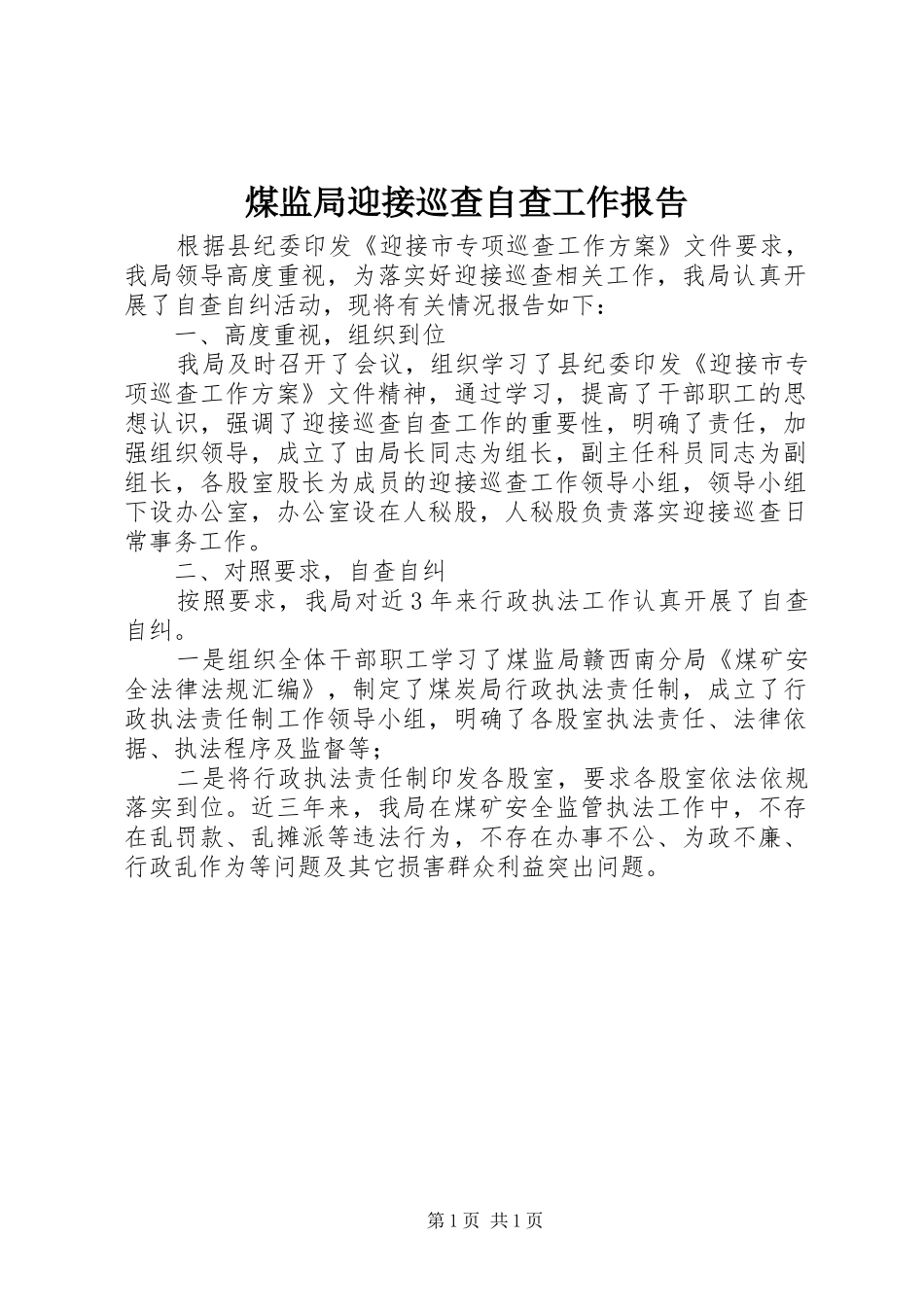 煤监局迎接巡查自查工作报告_第1页
