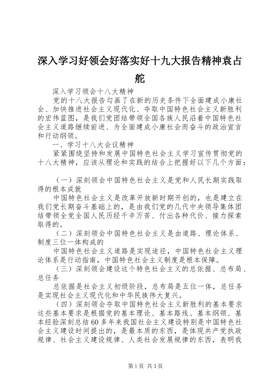 深入学习好领会好落实好十九大报告精神袁占舵_第1页