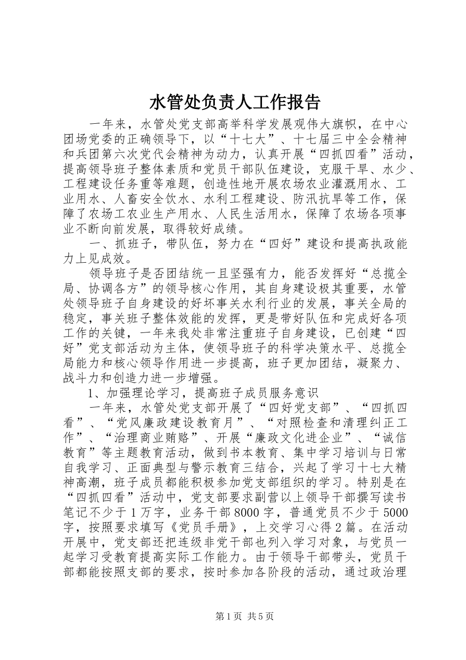 水管处负责人工作报告_第1页