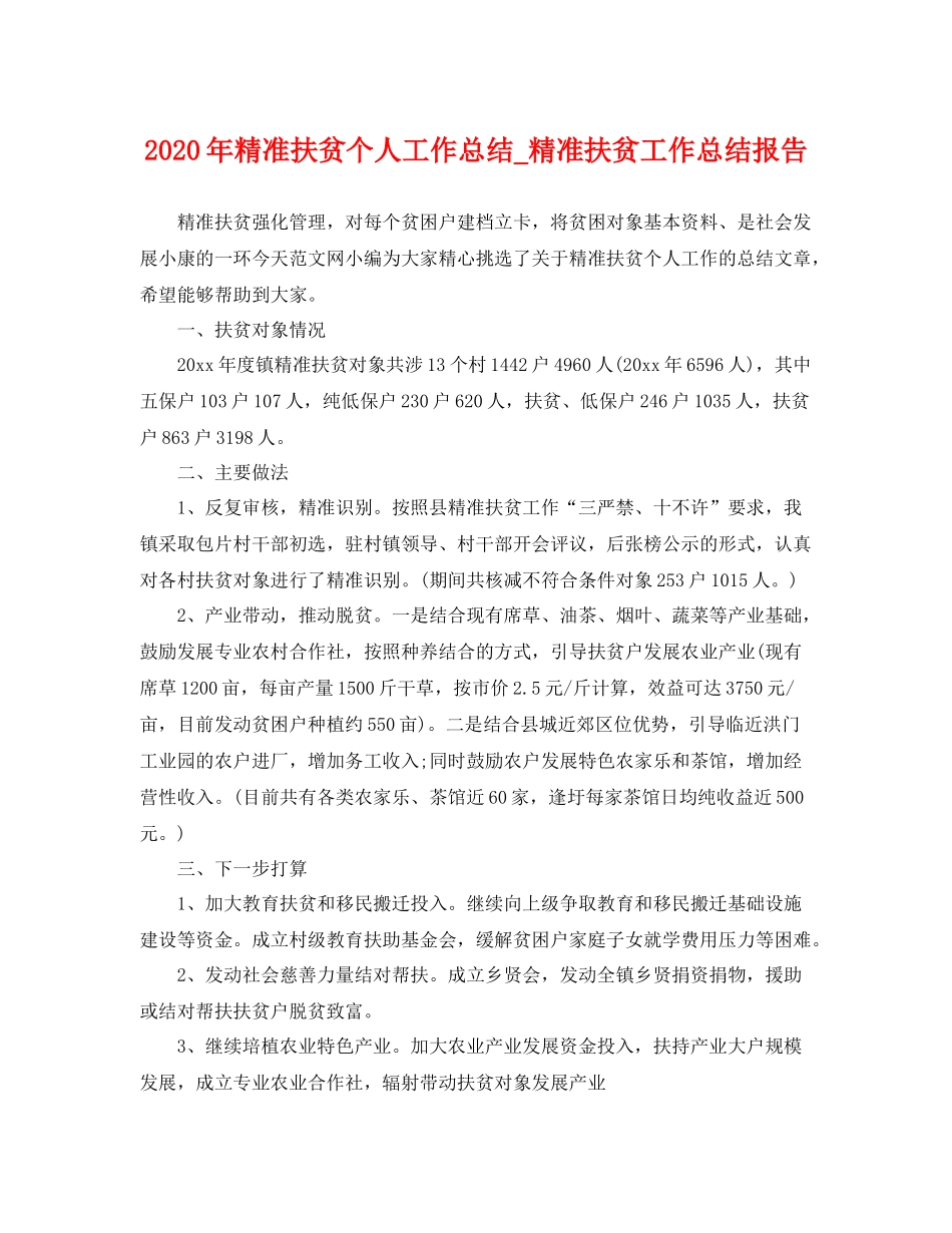 2020年精准扶贫个人工作总结_精准扶贫工作总结报告 _第1页
