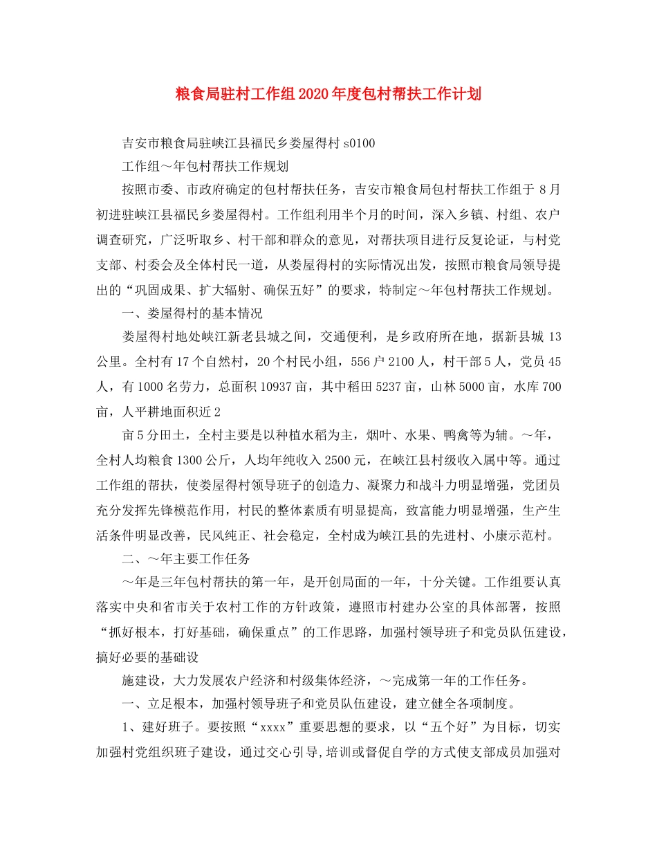 粮食局驻村工作组2020年度包村帮扶工作计划 _第1页