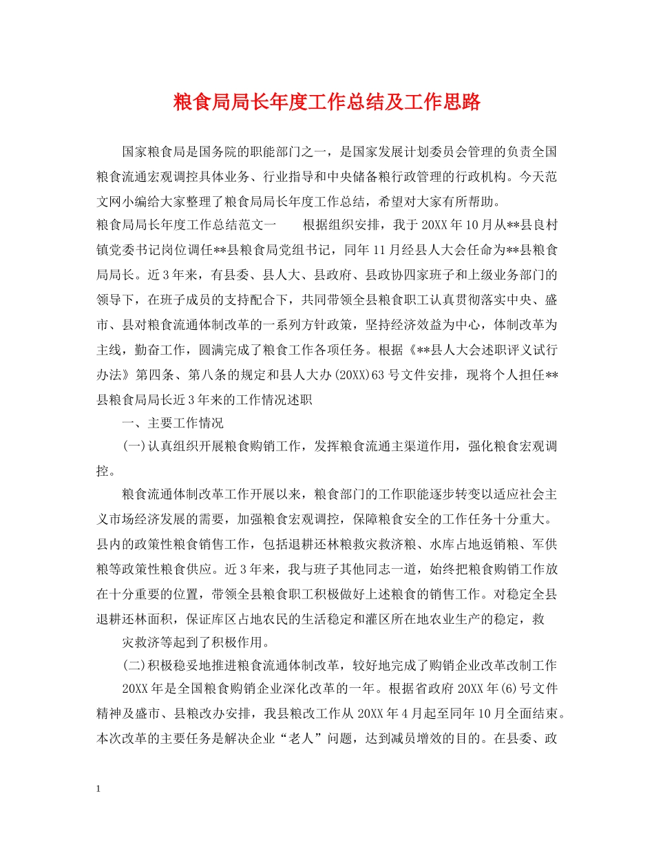 粮食局局长年度工作总结及工作思路 _第1页